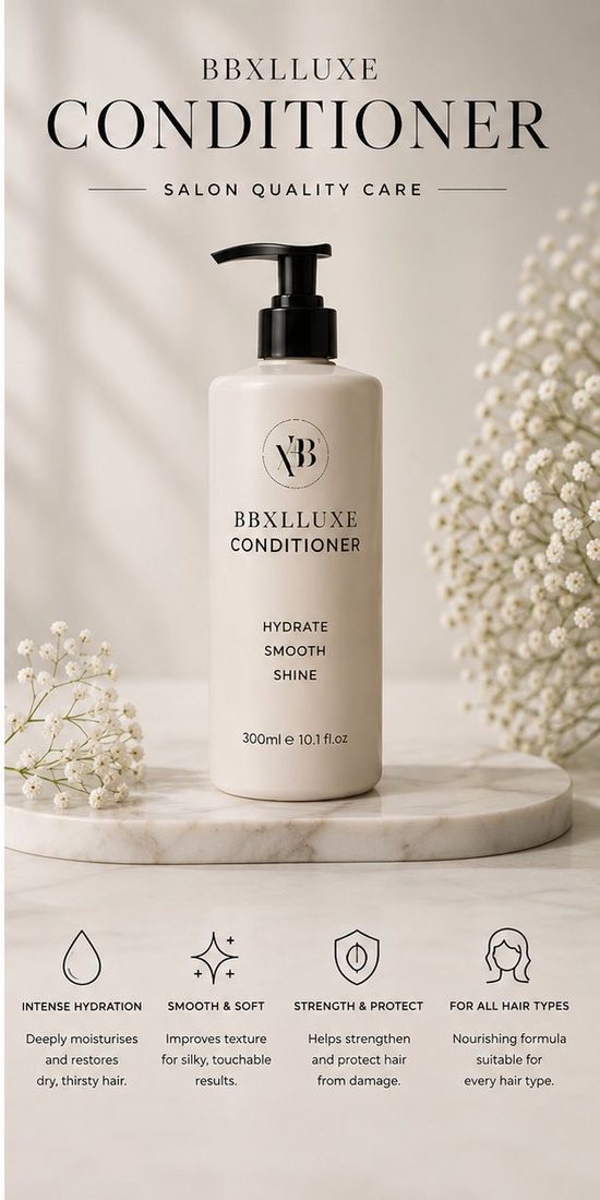 BBxLLuxe salon-quality conditioner bottle on marble — hydrate, smooth, shine