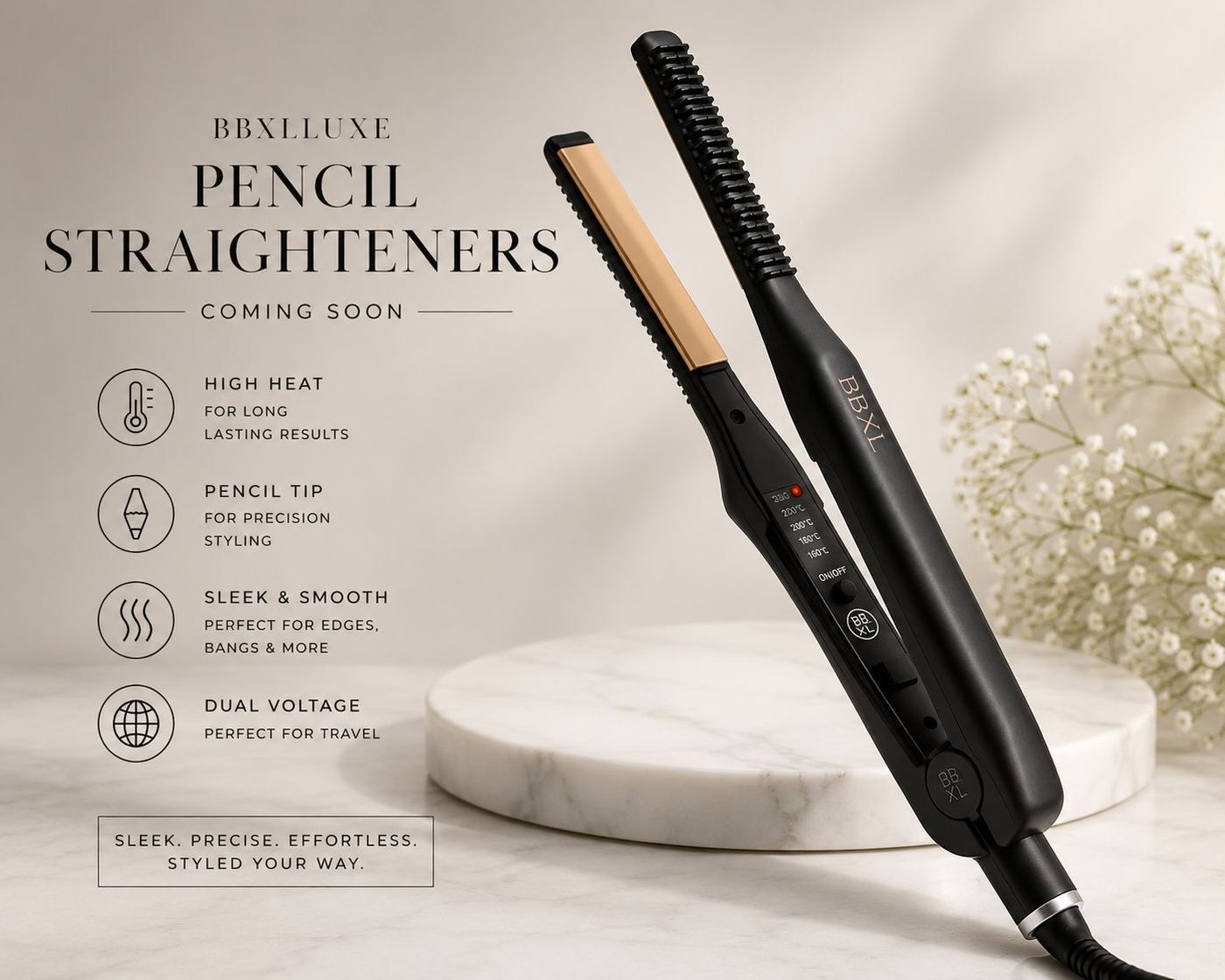 BBxLLuxe black-and-gold pencil straighteners for precision styling of edges and short hair