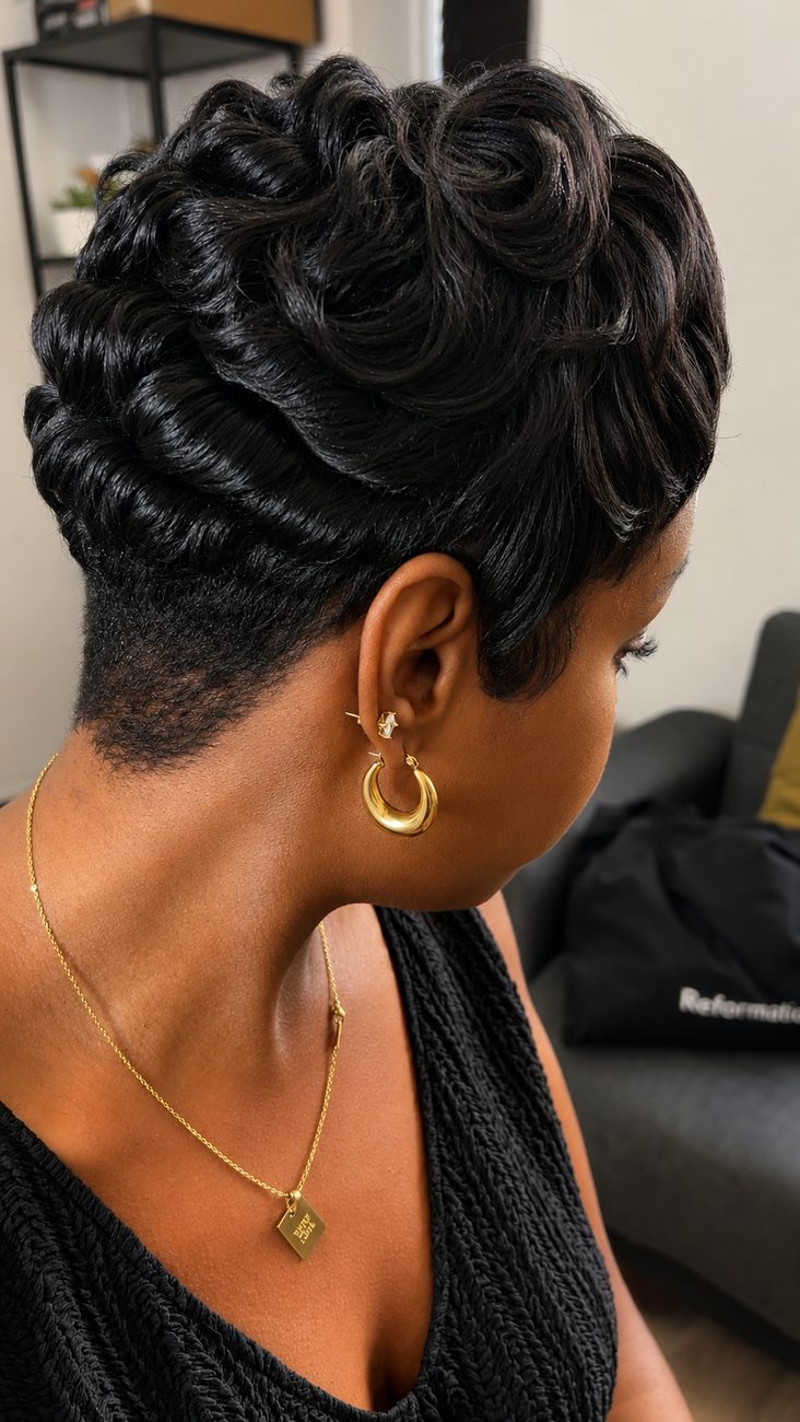 Back view of a signature pixie with deep, glossy finger waves and a softly tapered nape