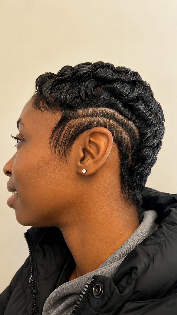 Side-profile pixie with sculpted finger waves and a razored side-parting design