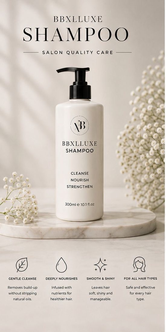 BBxLLuxe salon-quality shampoo bottle on marble — cleanse, nourish, strengthen