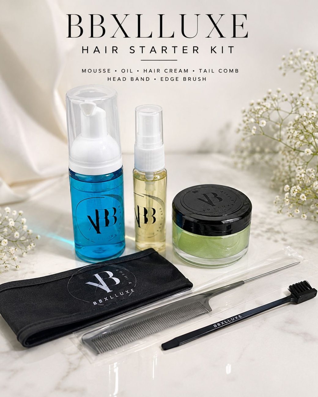 BBxLLuxe Hair starter kit flatlay with mousse, oil, hair cream, tail comb, head band and edge brush
